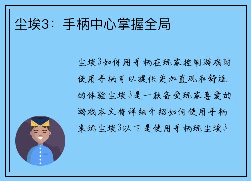 尘埃3：手柄中心掌握全局